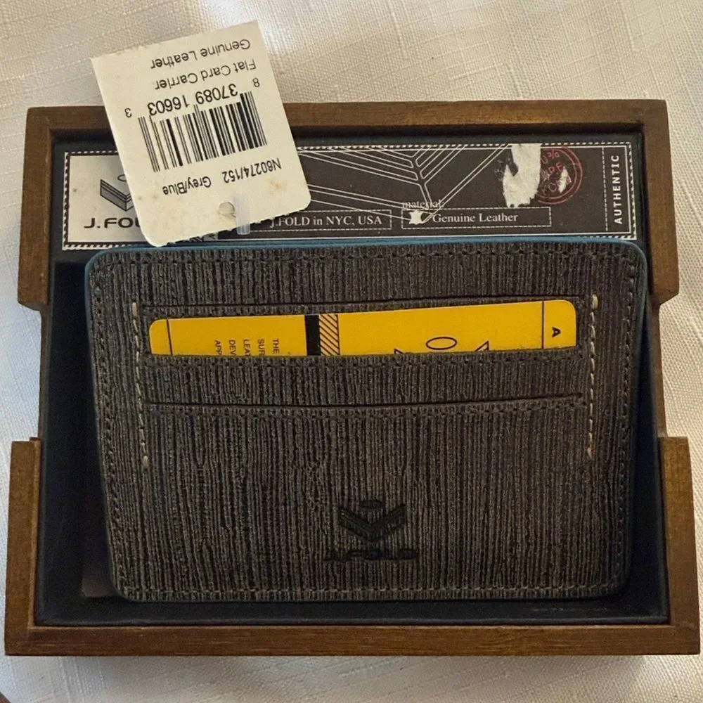 J. FOLD LEATHER CARD CARRIER.  GREY WITH BLUE TRIM.  NEW.